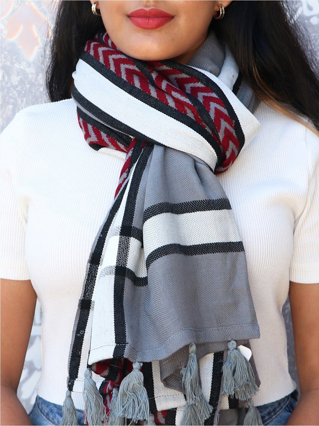 Ayesha Women Grey & Maroon Contemporary Striped Scarf Price in India