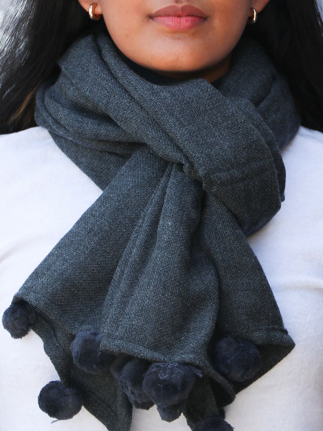 Ayesha Women Grey Acrylic Pom Pom Winter Scarf Price in India