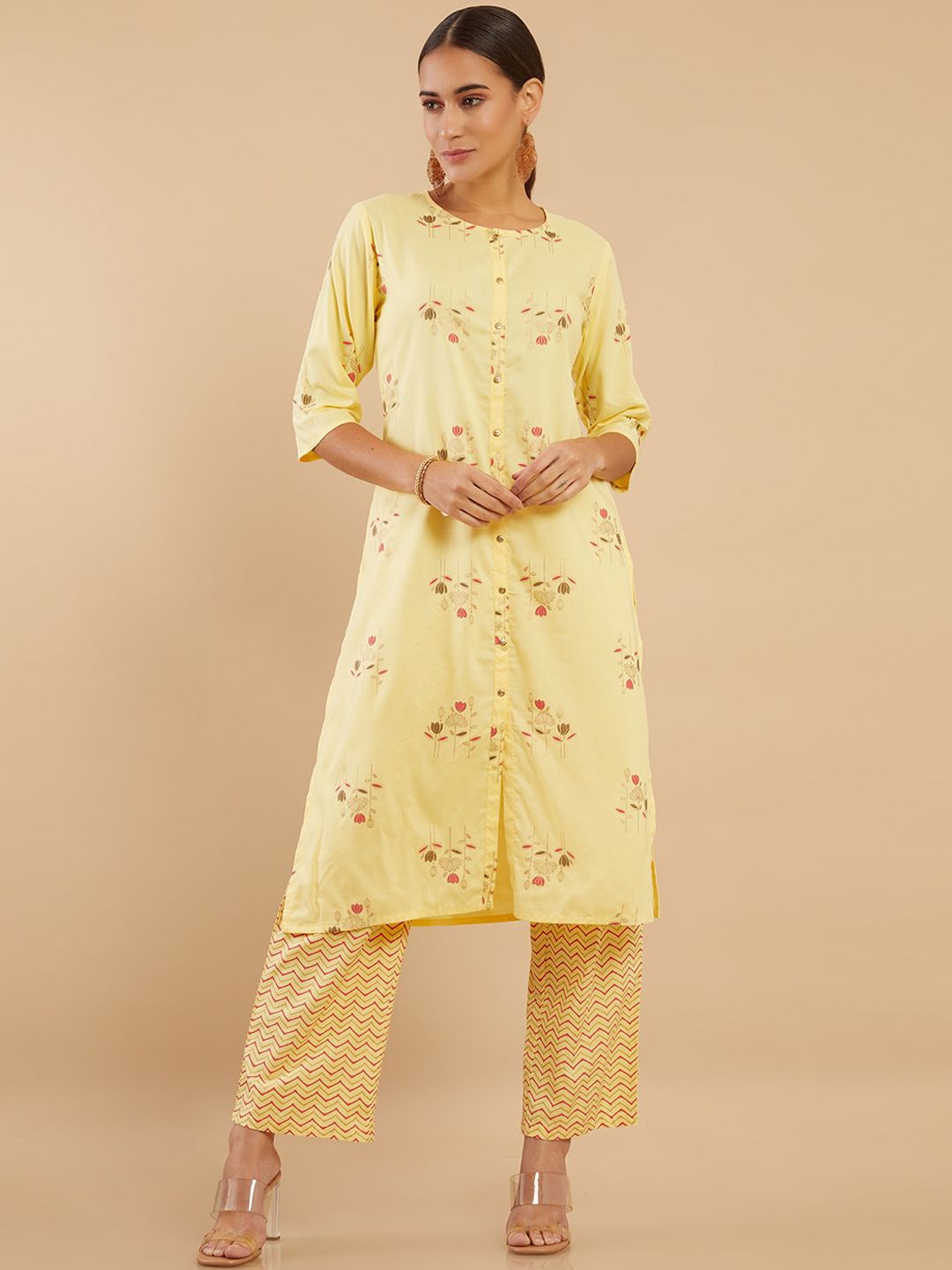 Soch Women Yellow Floral Printed Kurta with Trousers Price in India