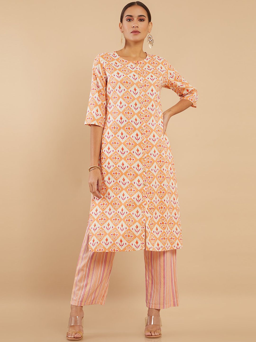 Soch Women Orange & White Printed Kurta with Trousers Price in India