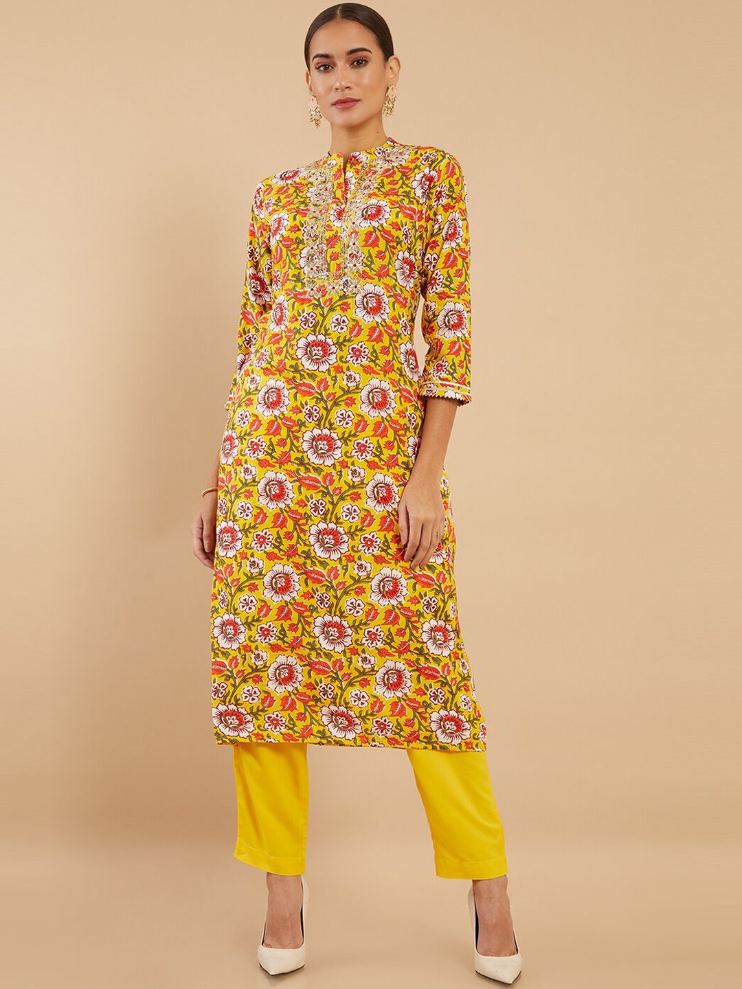 Soch Women Mustard Yellow Floral Printed Chanderi Silk Kurta with Trousers Price in India