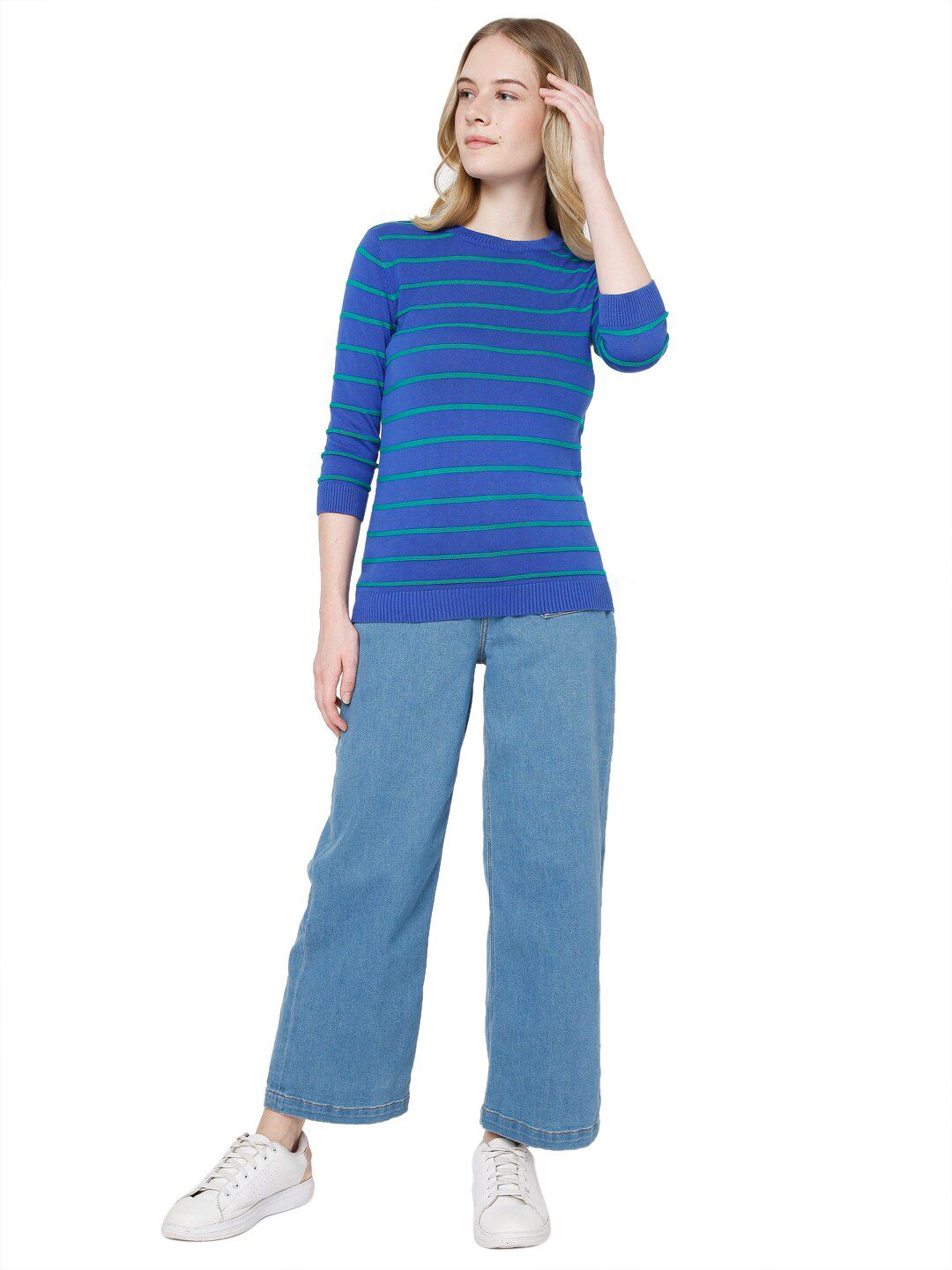 Vero Moda Women Blue & Green Striped Pullover Price in India