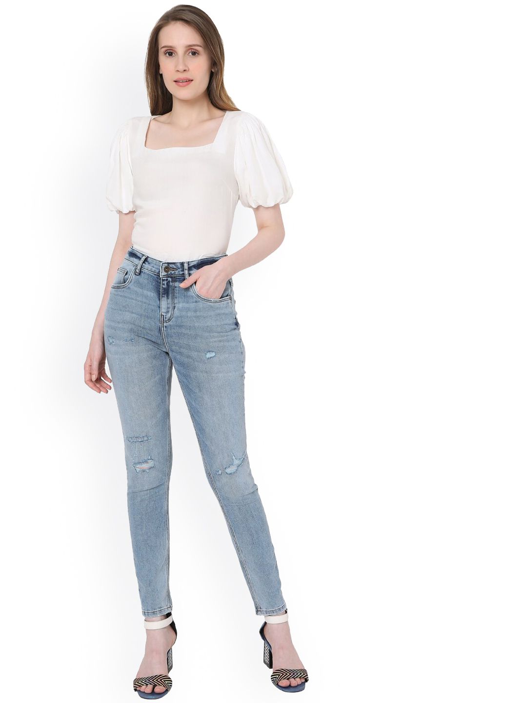Vero Moda Women Blue Skinny Fit High-Rise Mildly Distressed Light Fade Jeans Price in India