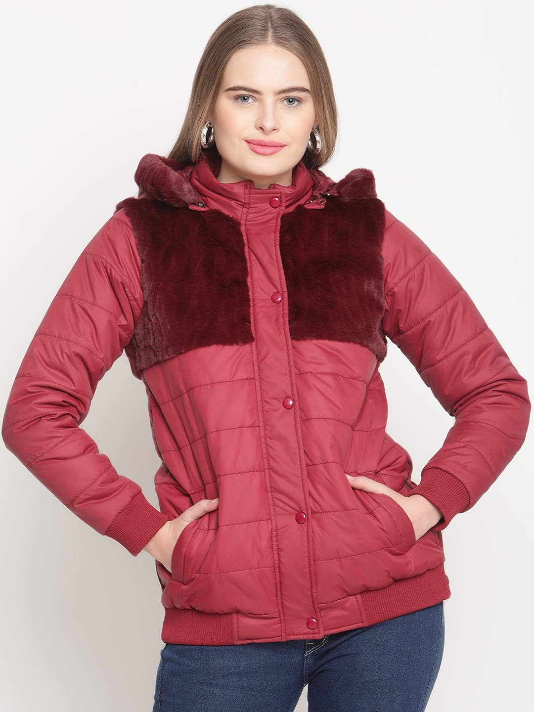 ELLE Women Red Solid Hooded Padded Jacket Price in India