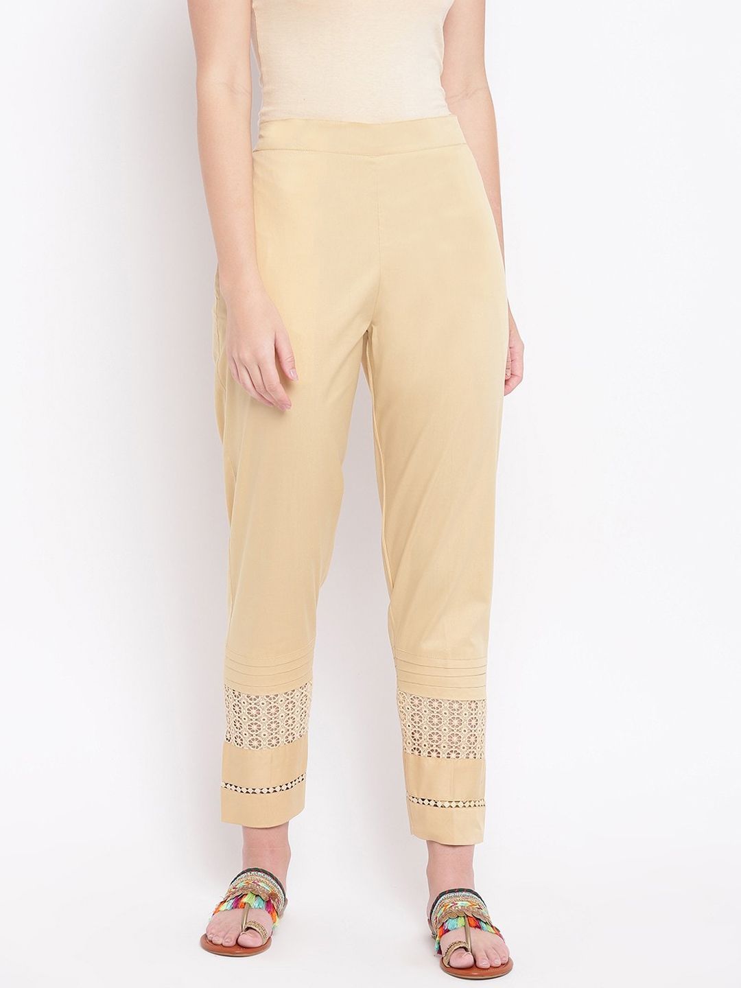 RIVI Women Gold-Toned Easy Wash Pure Cotton Trousers Price in India