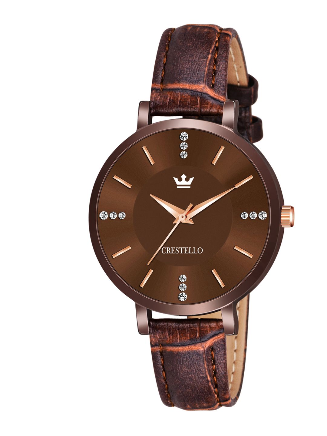 CRESTELLO Women Brown Brass Embellished Dial & Brown Straps Analogue Watch CR-BW113-BRWN Price in India