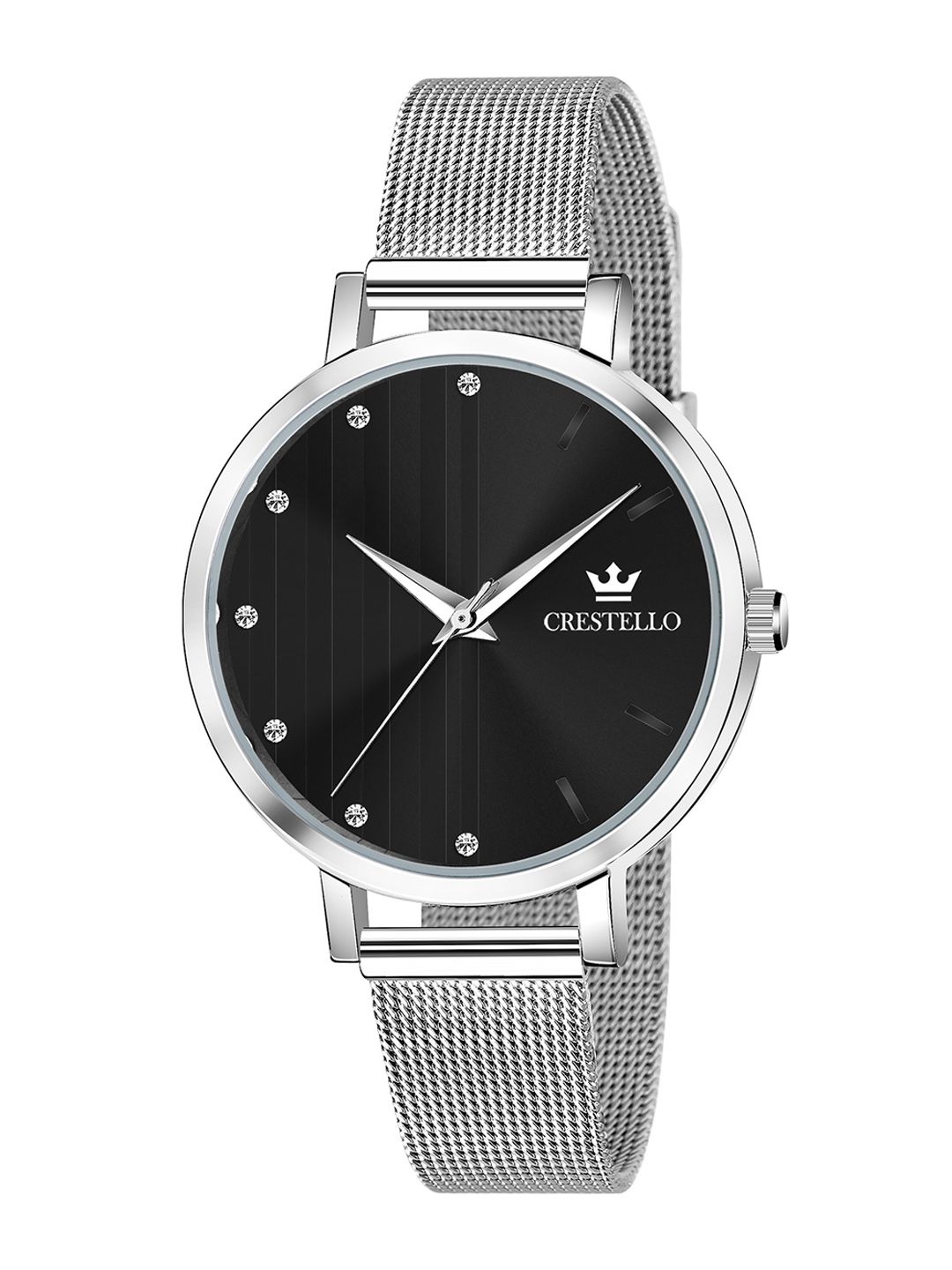 CRESTELLO Women Black Brass Dial & Silver Toned Stainless Steel Straps Analogue Watch Price in India