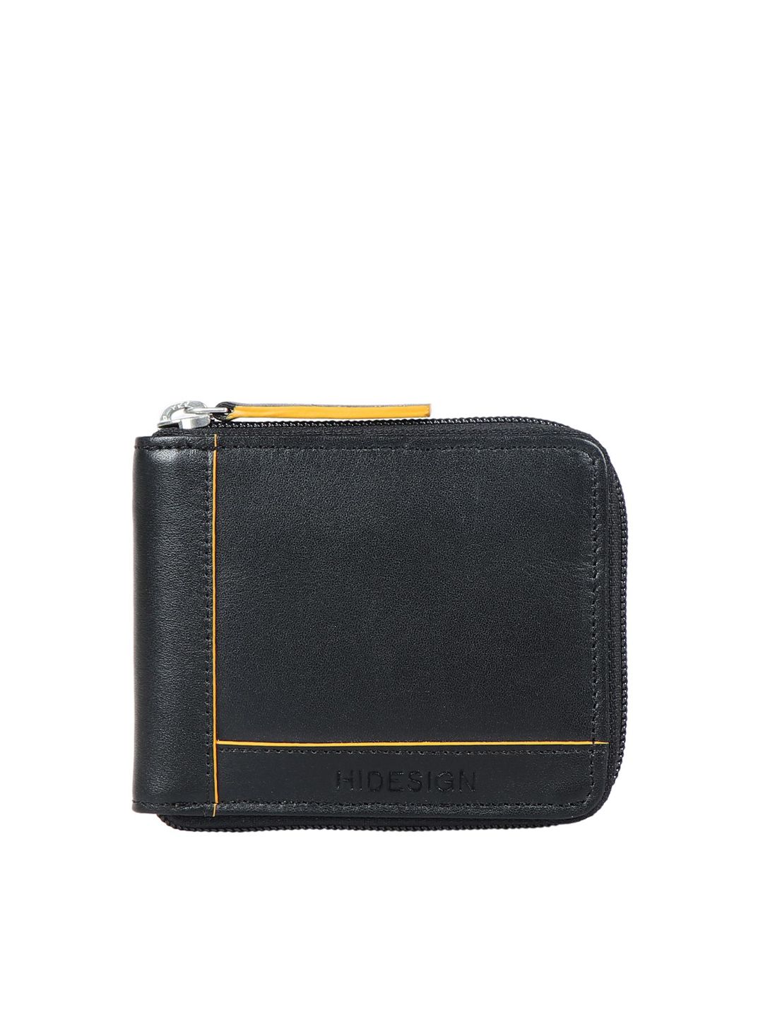 Buy Hidesign Men Black & Yellow Textured Leather Zip Around Wallet