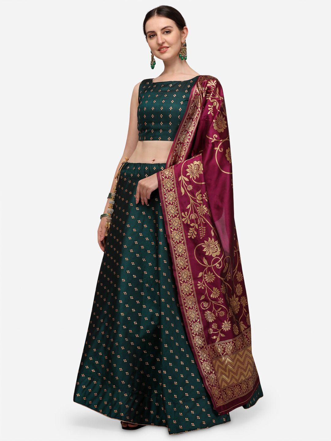 Mameraa Green & Burgundy Semi-Stitched Lehenga & Unstitched Blouse With Dupatta Price in India