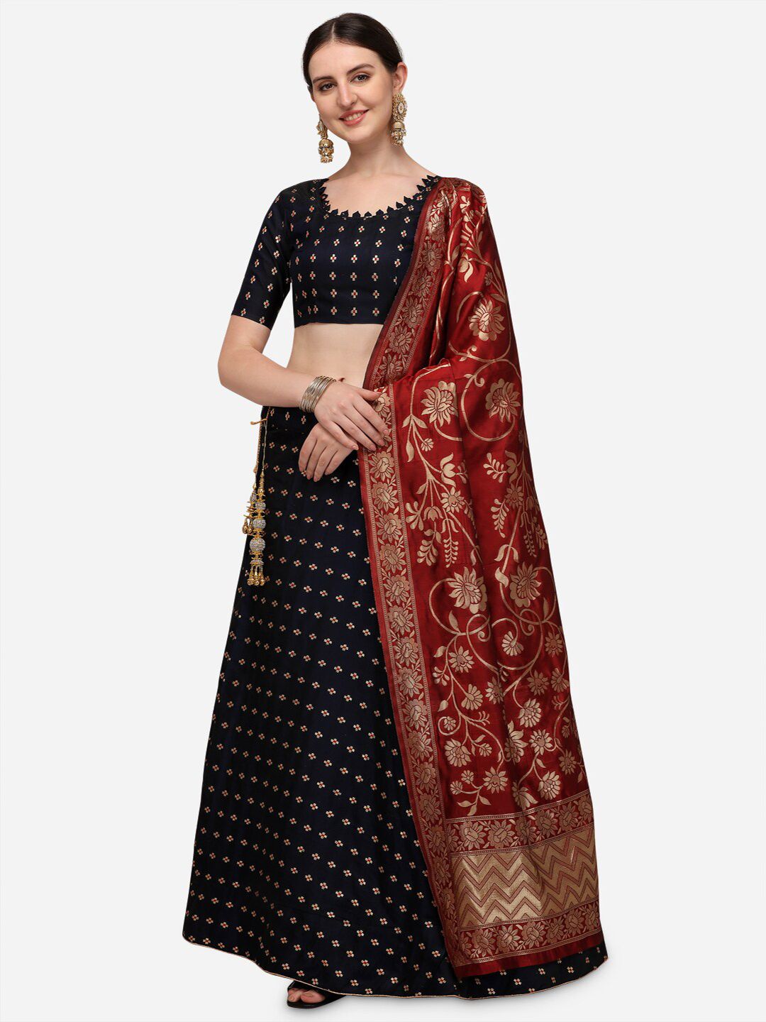 Mameraa Blue & Maroon Semi-Stitched Lehenga & Unstitched Blouse With Dupatta Price in India