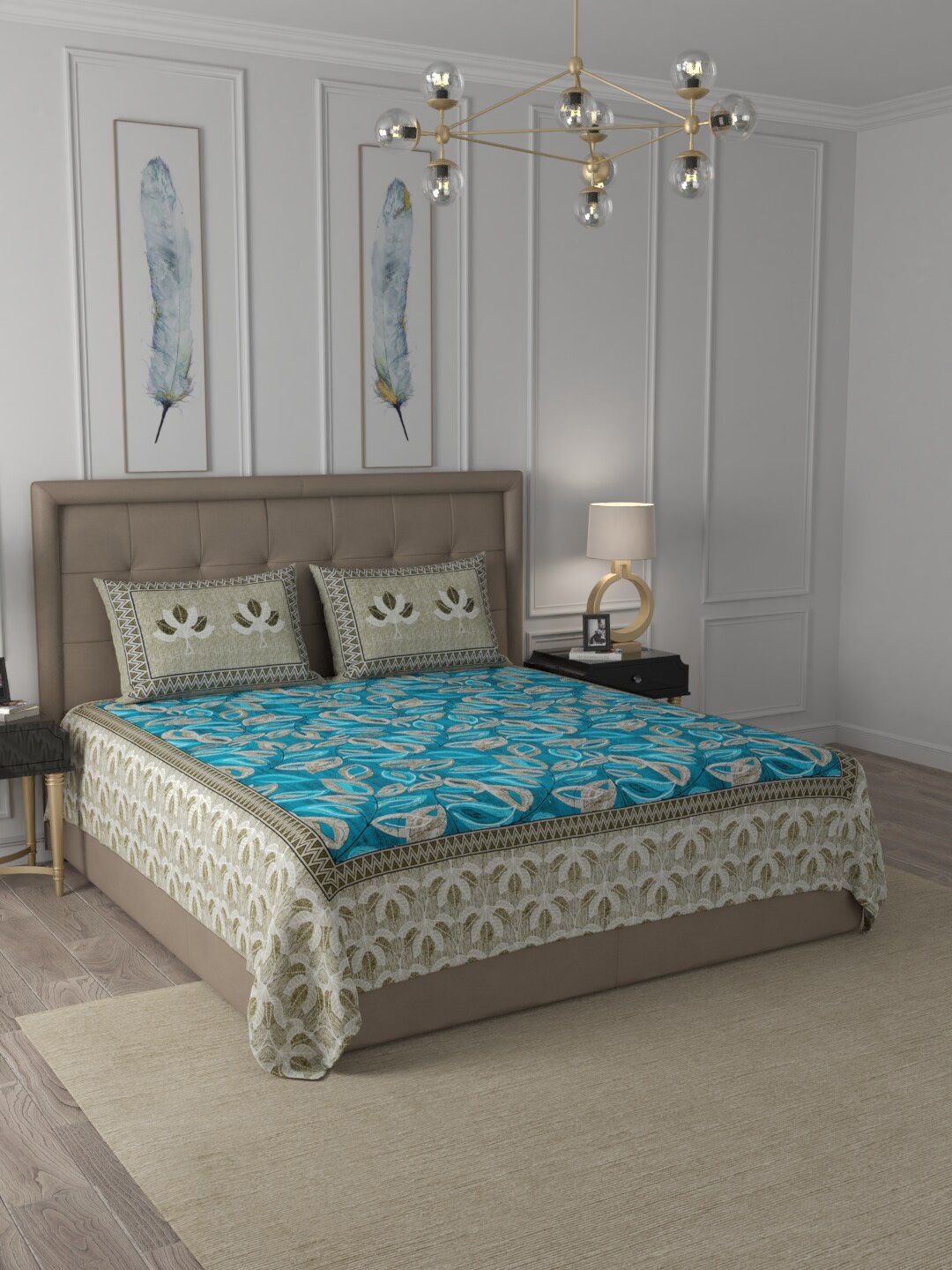 JAIPUR FABRIC Blue & Beige Floral 300 TC King Bedsheet with 2 Pillow Covers Price in India