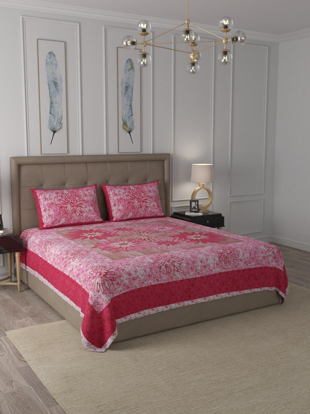 JAIPUR FABRIC Pink & White Floral 300 TC Pure Cotton King Bedsheet with 2 Pillow Covers Price in India