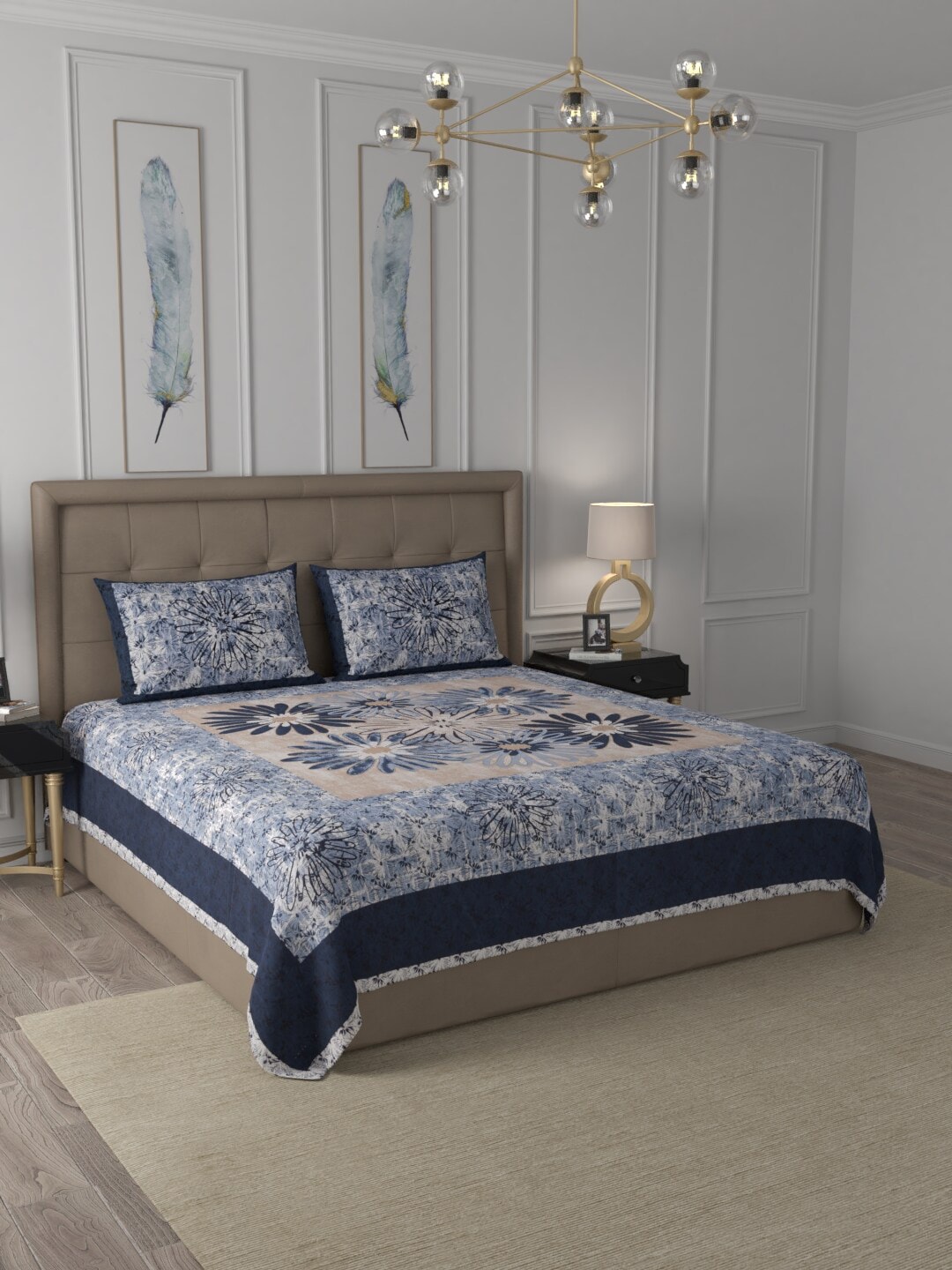 JAIPUR FABRIC Blue & Beige Floral 300 TC Pure Cotton King Bedsheet with 2 Pillow Covers Price in India