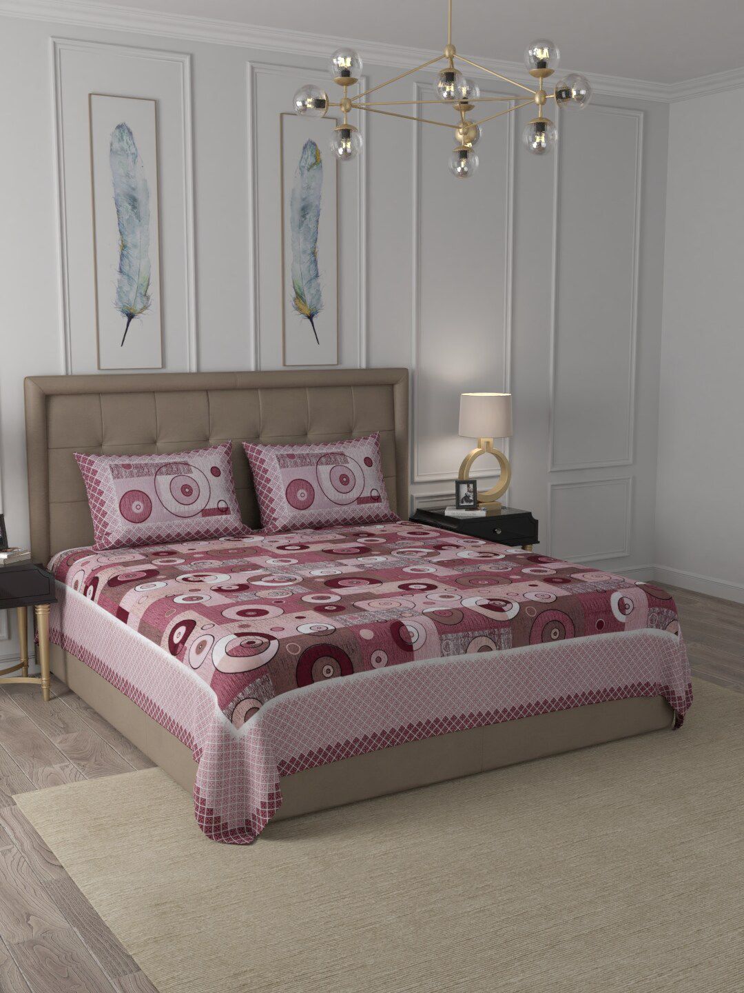 JAIPUR FABRIC Pink Geometric 300 TC Pure Cotton 1 King Bedsheet with 2 Pillow Covers Price in India