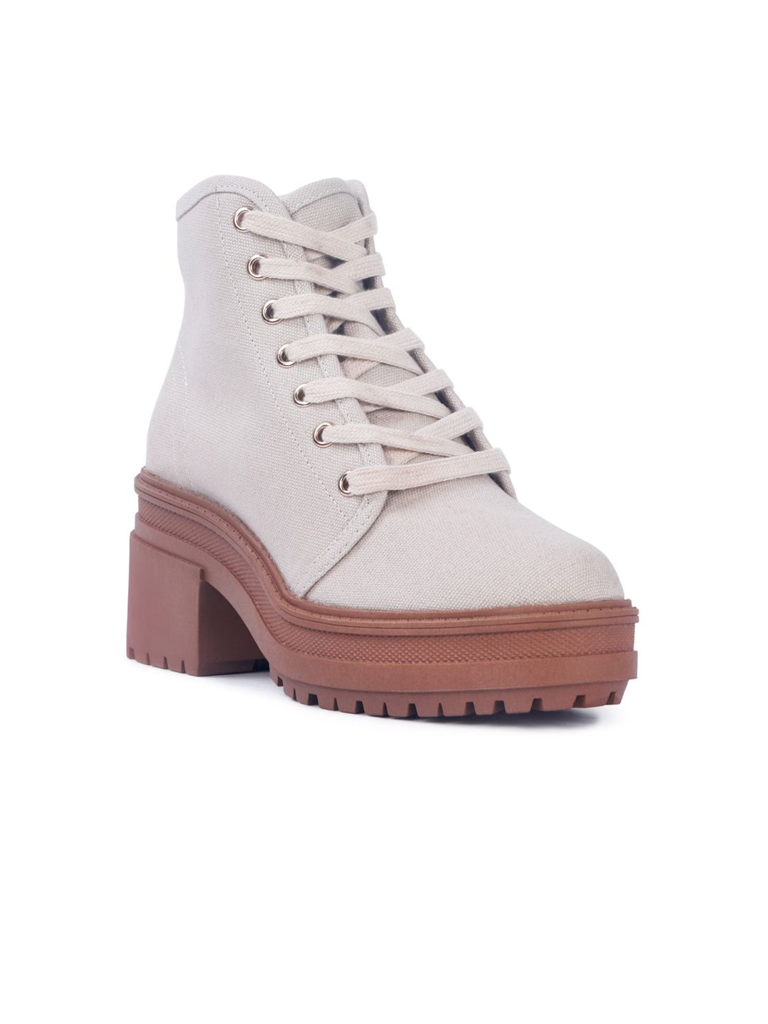 London Rag Women Off-White Solid Mid-Top Heeled Boots Price in India