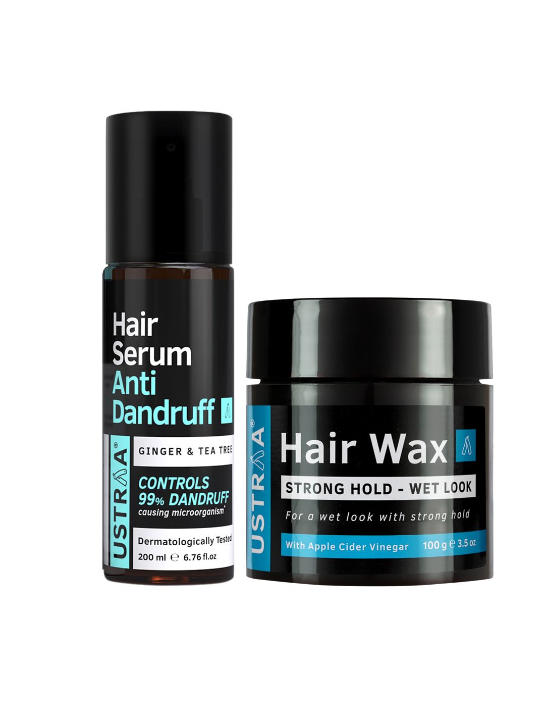 Ustraa Set of Anti Dandruff Hair Serum 200 ml & Strong Hold Hair Wax for Wet Look 100 g
