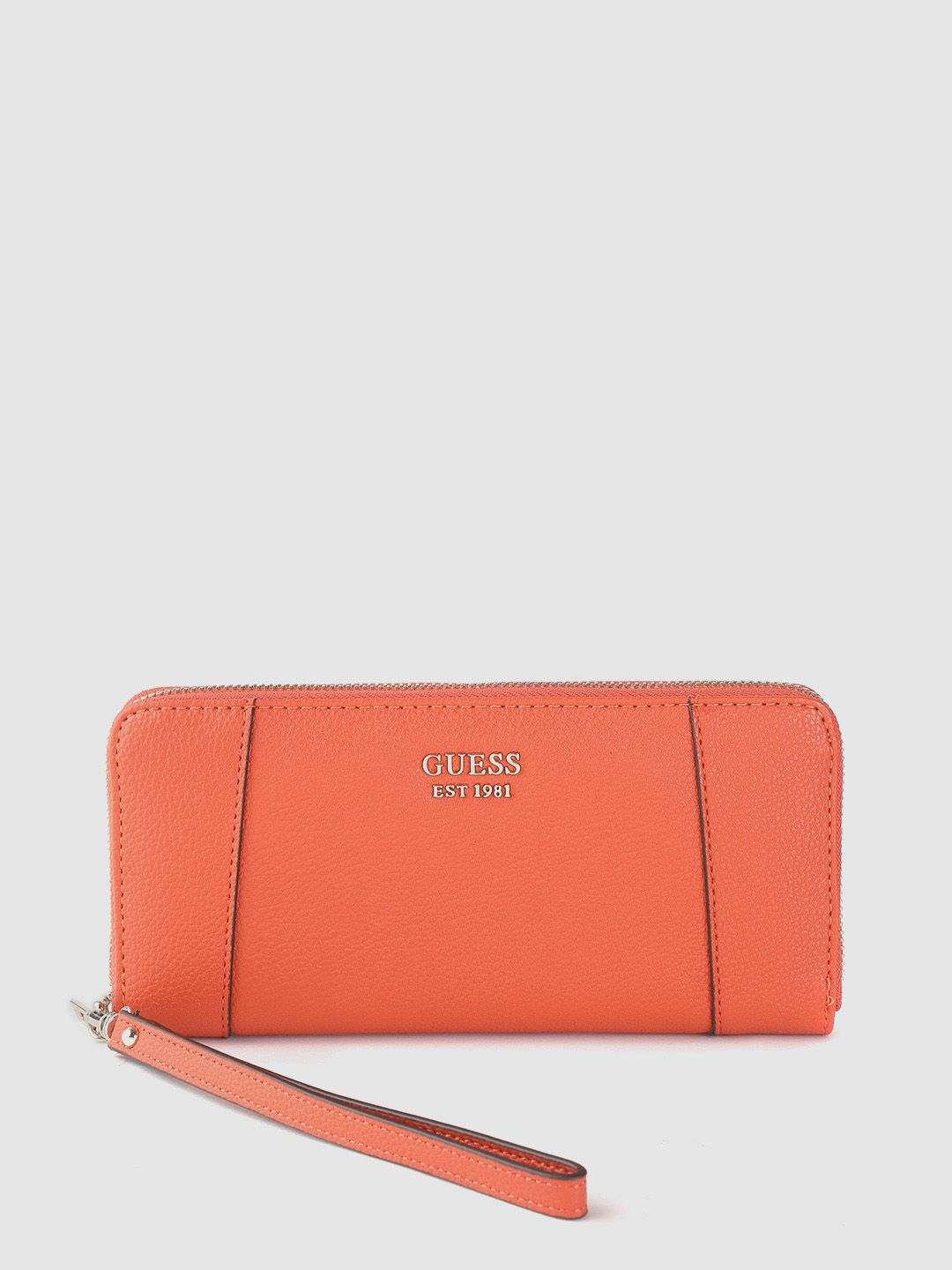 GUESS Women Coral Orange Solid Zip Around Wallet Price in India