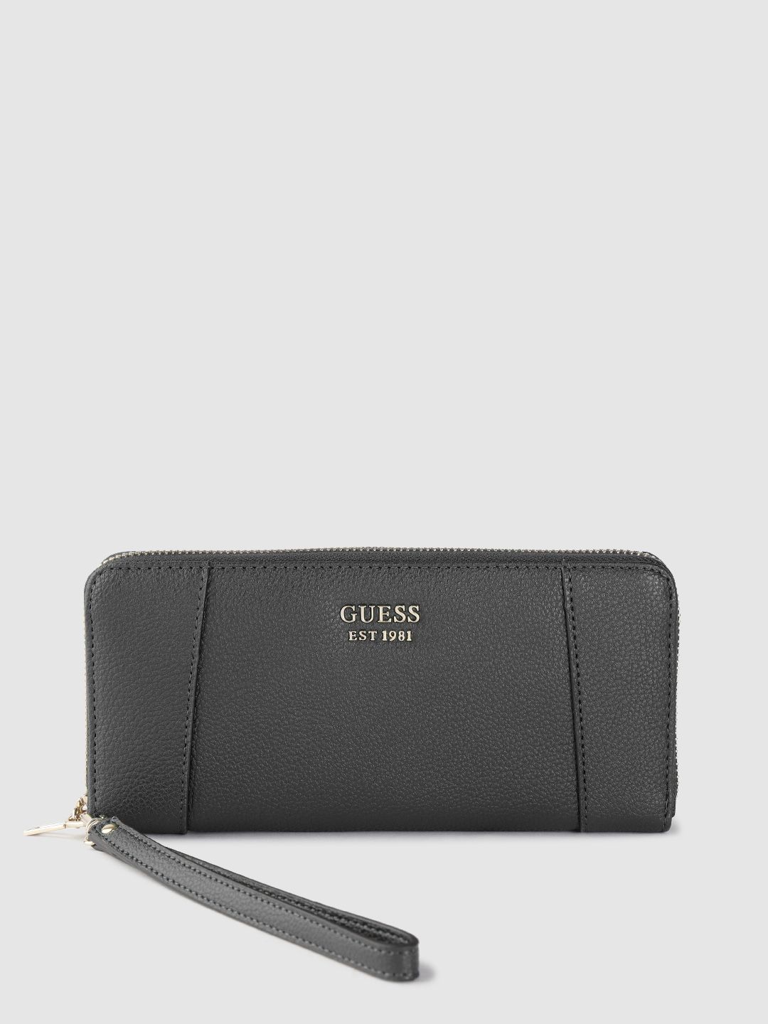GUESS Women Black Solid Zip Around Wallet with Wrist loop Price in India