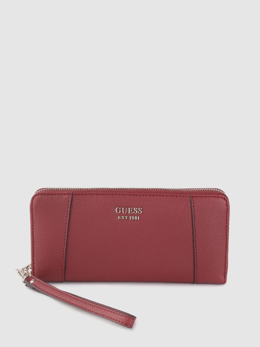 GUESS Women Maroon Solid Zip Around Wallet with Wrist loop Price in India