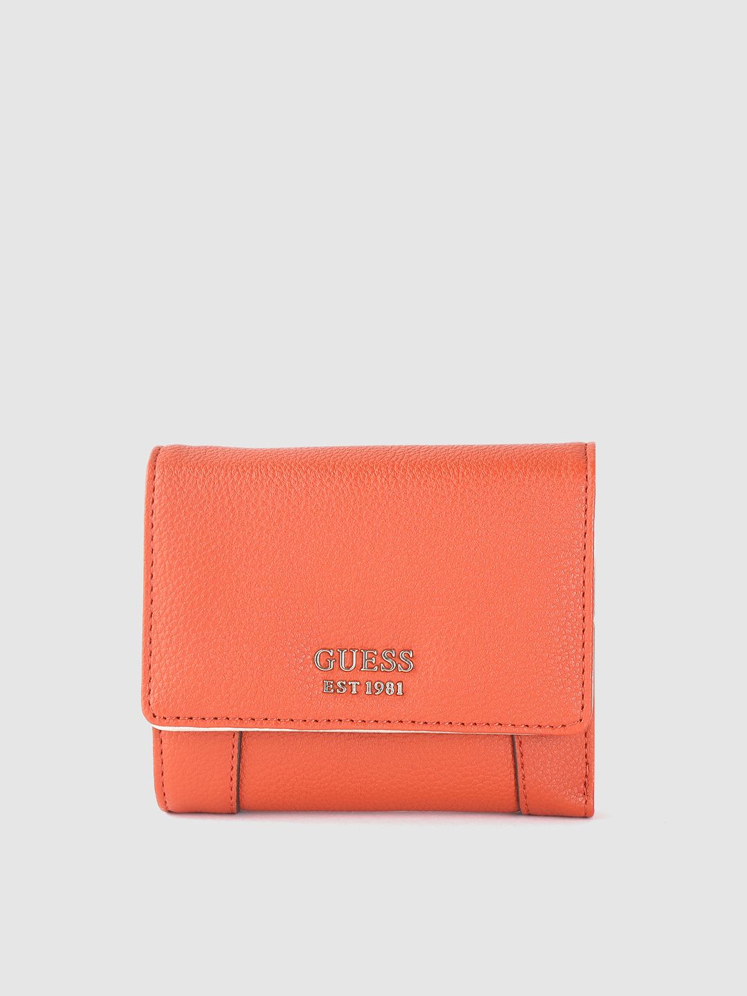 GUESS Women Orange Grainy Textured Three Fold Wallet Price in India