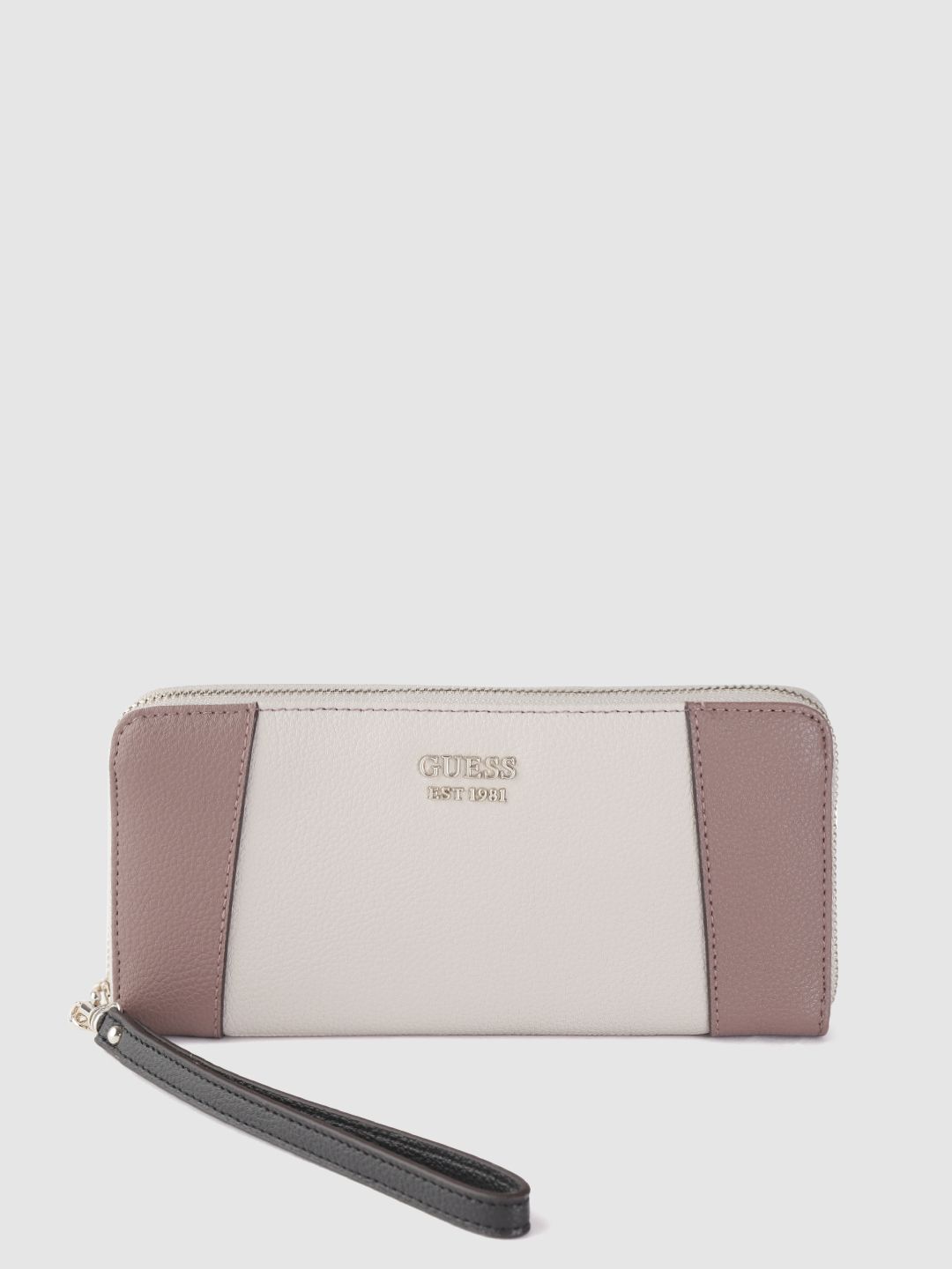 GUESS Women Off White & Brown Colourblocked Zip Around Wallet with Wrist Loop Price in India