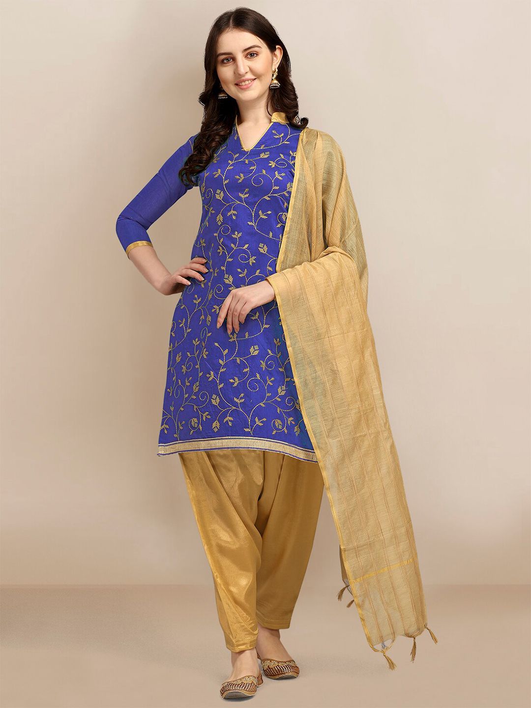 Ethnic Junction Navy Blue & Gold-Toned Embroidered Unstitched Dress Material Price in India
