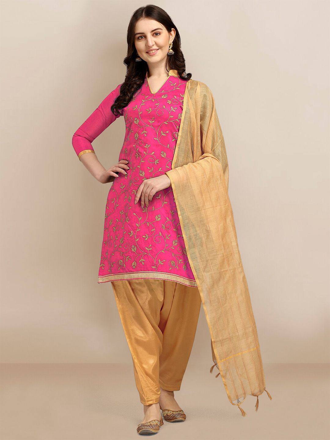 Ethnic Junction Pink & Gold-Toned Embroidered Unstitched Dress Material Price in India