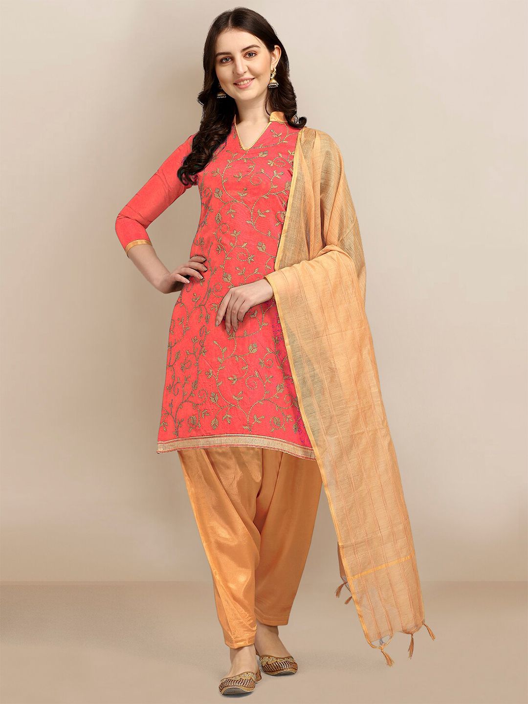 Ethnic Junction Peach-Coloured Embroidered Unstitched Dress Material Price in India