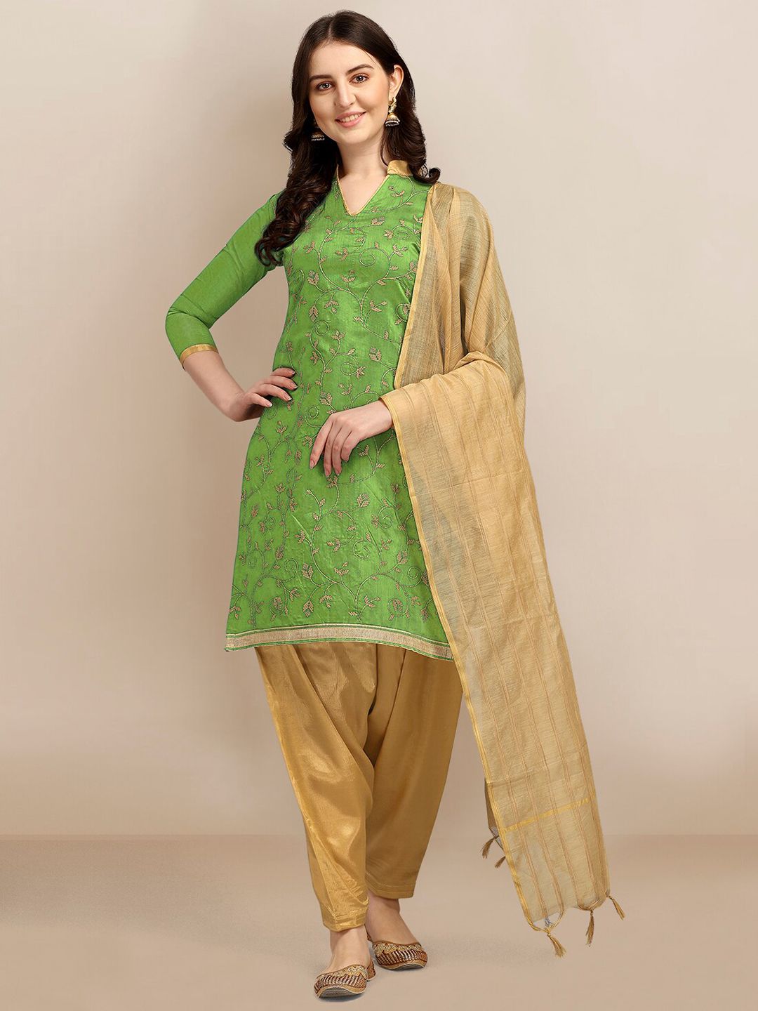 Ethnic Junction Green & Beige Embroidered Unstitched Dress Material Price in India