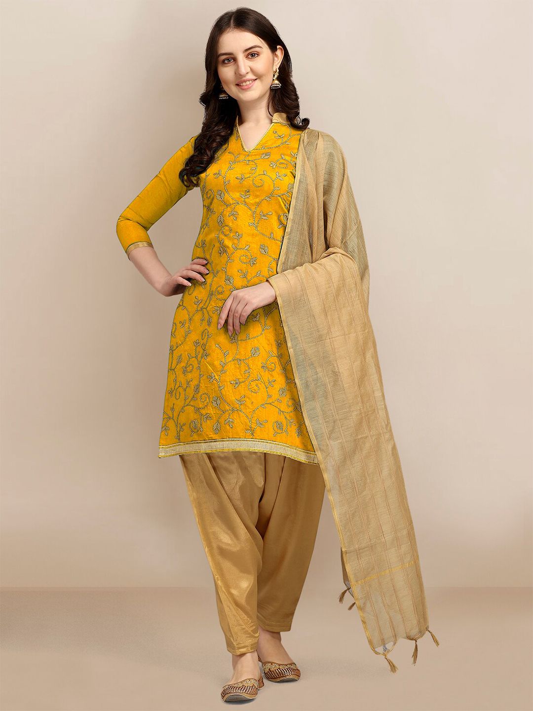 Ethnic Junction Yellow & Gold-Toned Embroidered Unstitched Dress Material Price in India