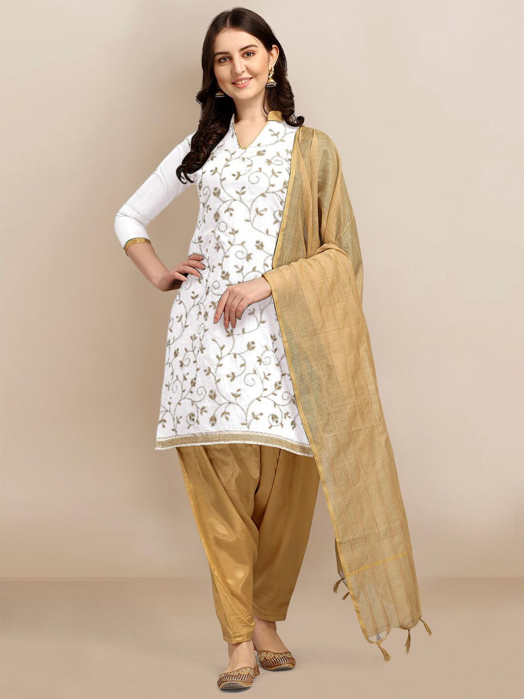 Ethnic Junction White & Gold-Toned Embroidered Unstitched Dress Material Price in India