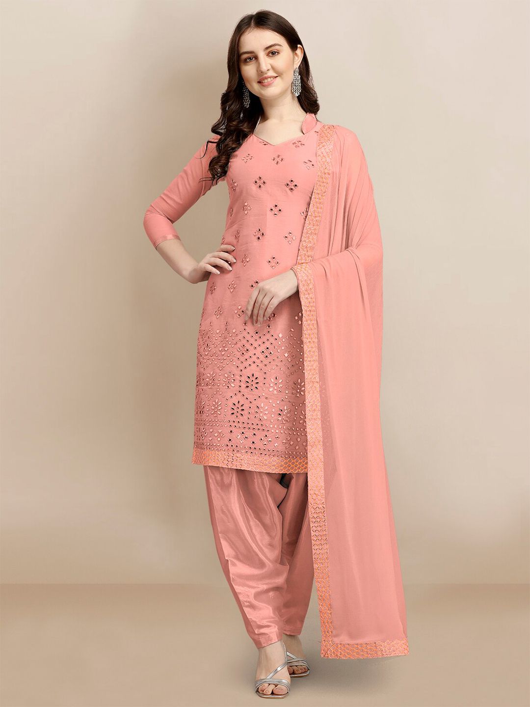 Ethnic Junction Peach-Coloured Embellished Jute Silk Unstitched Dress Material Price in India