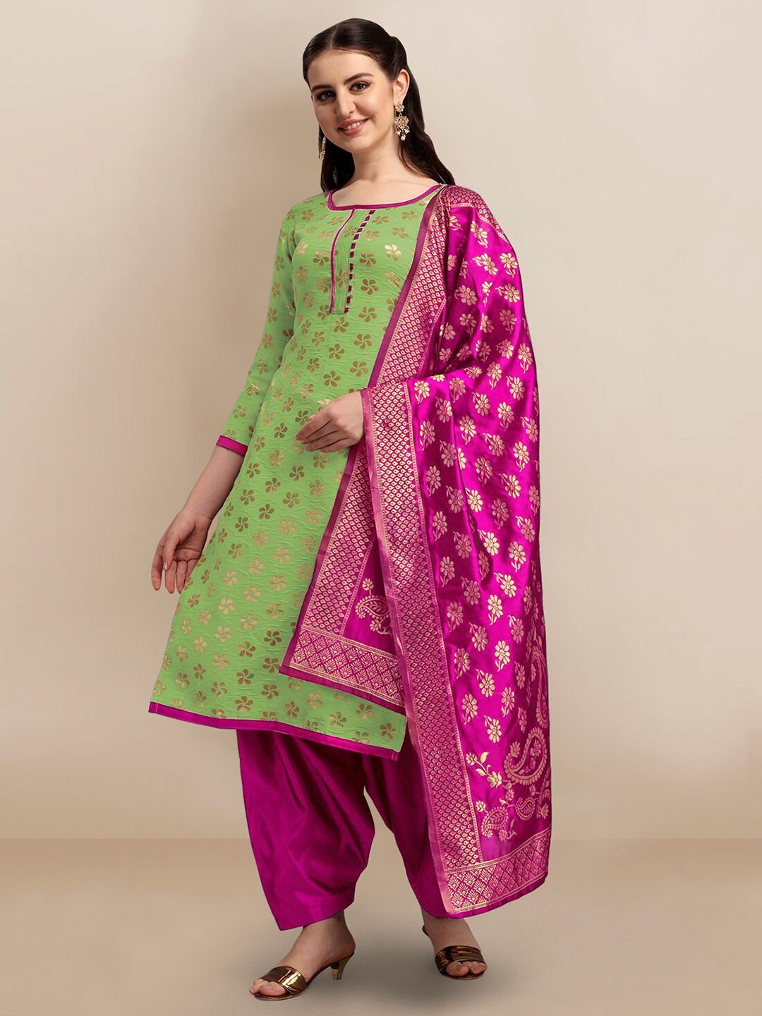 Ethnic Junction Green & Pink Jute Cotton Unstitched Dress Material Price in India