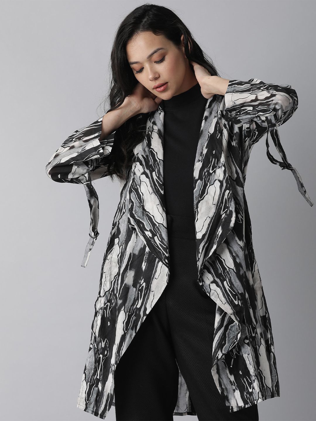 RAREISM Women Black & Grey Printed Longline Tie-Up Shrug Price in India