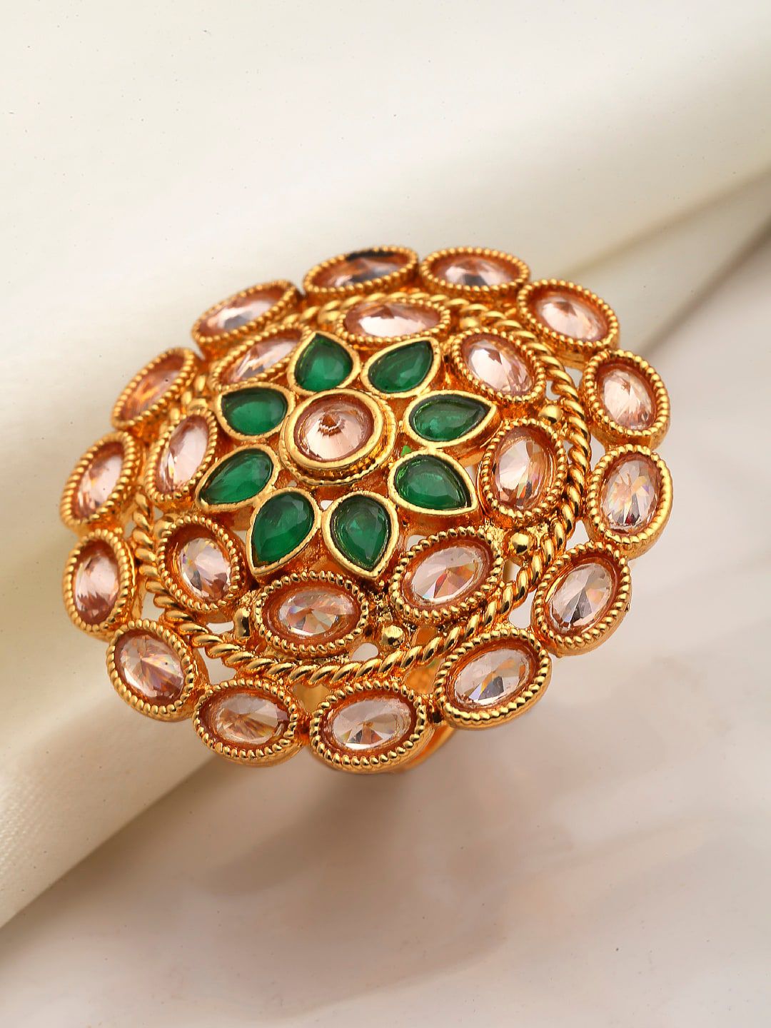 ZENEME Gold-Plated Green AD Studded Adjustable Floral Ring Price in India