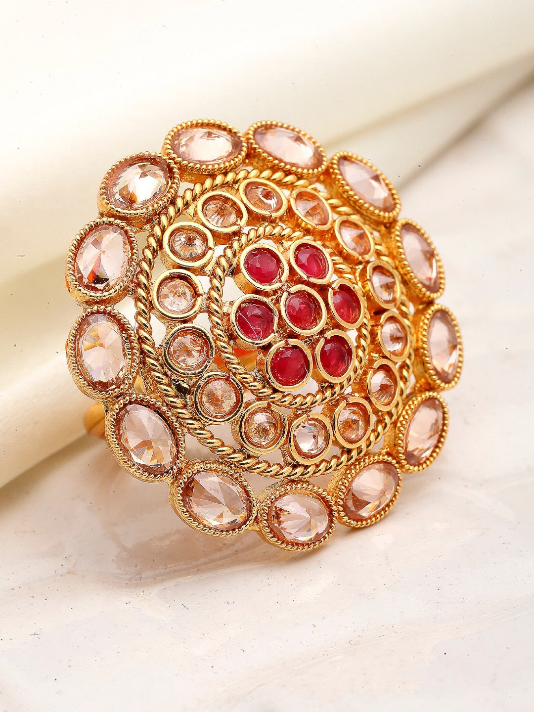 ZENEME Gold-Plated & Red AD Studded Adjustable Finger Ring Price in India