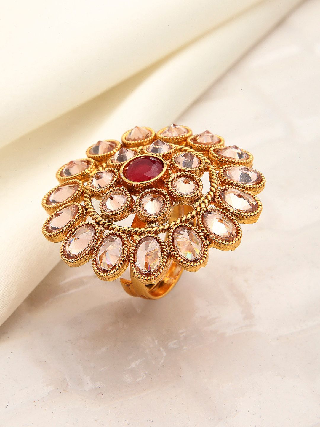 ZENEME 18K Gold-Plated White & Red American Diamond Studded Finger Ring Price in India