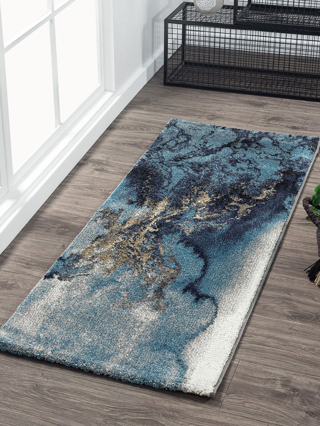 OBSESSIONS Teal Blue & Gold Abstract Bedroom Floor Runner Price in India