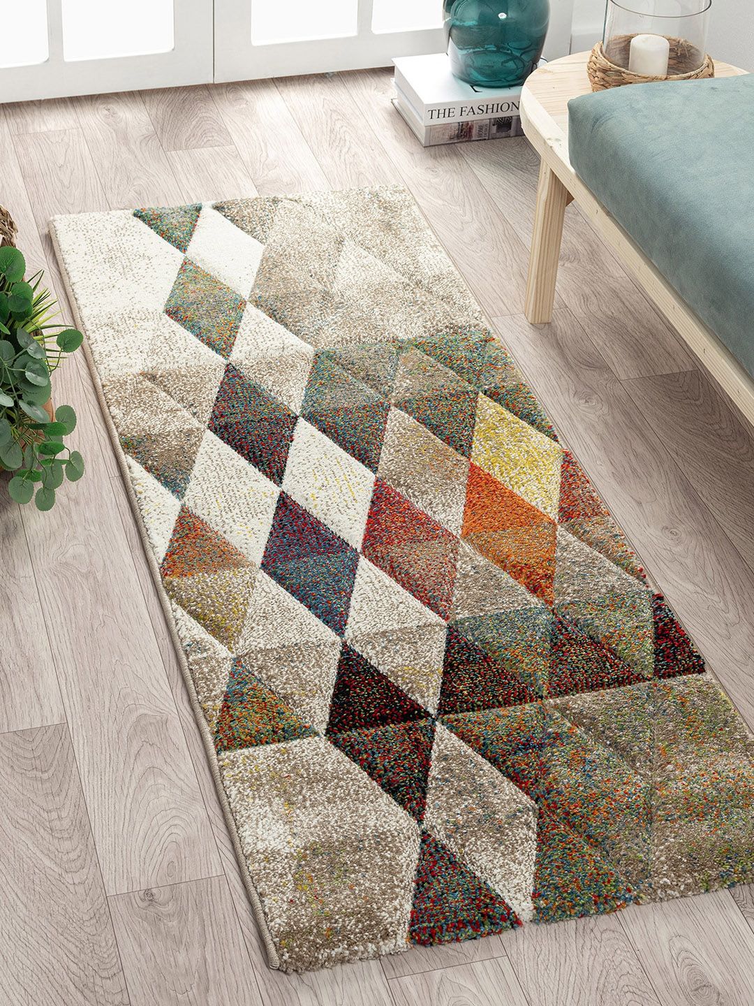 OBSESSIONS Beige and Orange Geometric Floor Runner Price in India