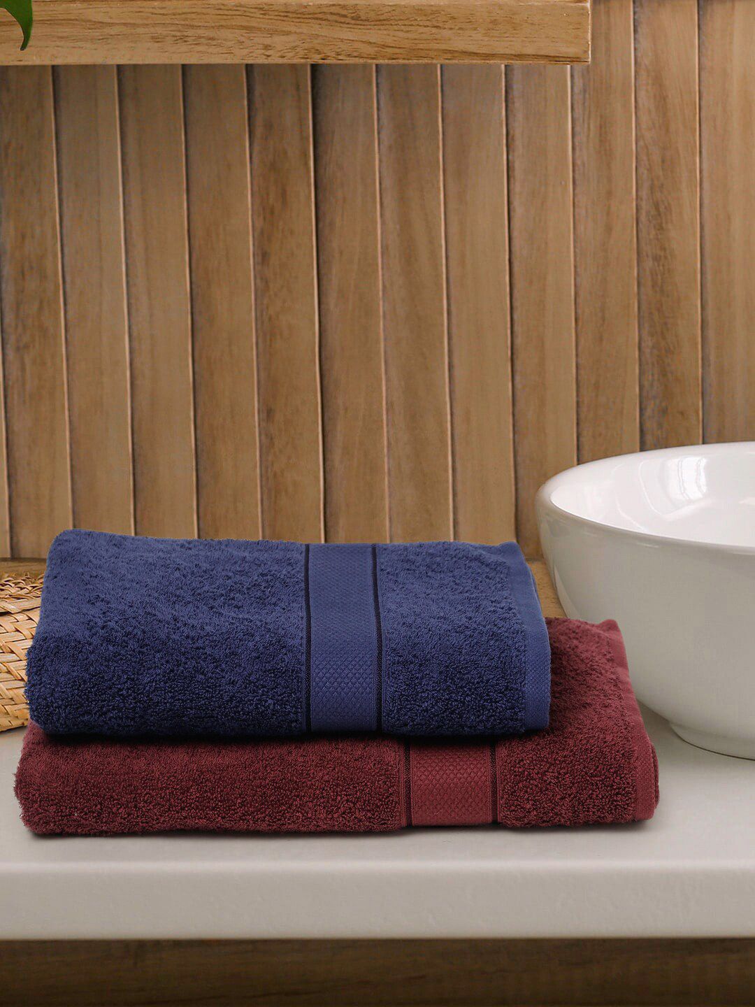 Creeva Burgundy & Navy Blue 2 Pc Solid 525 GSM Bath Towel Set Price in India
