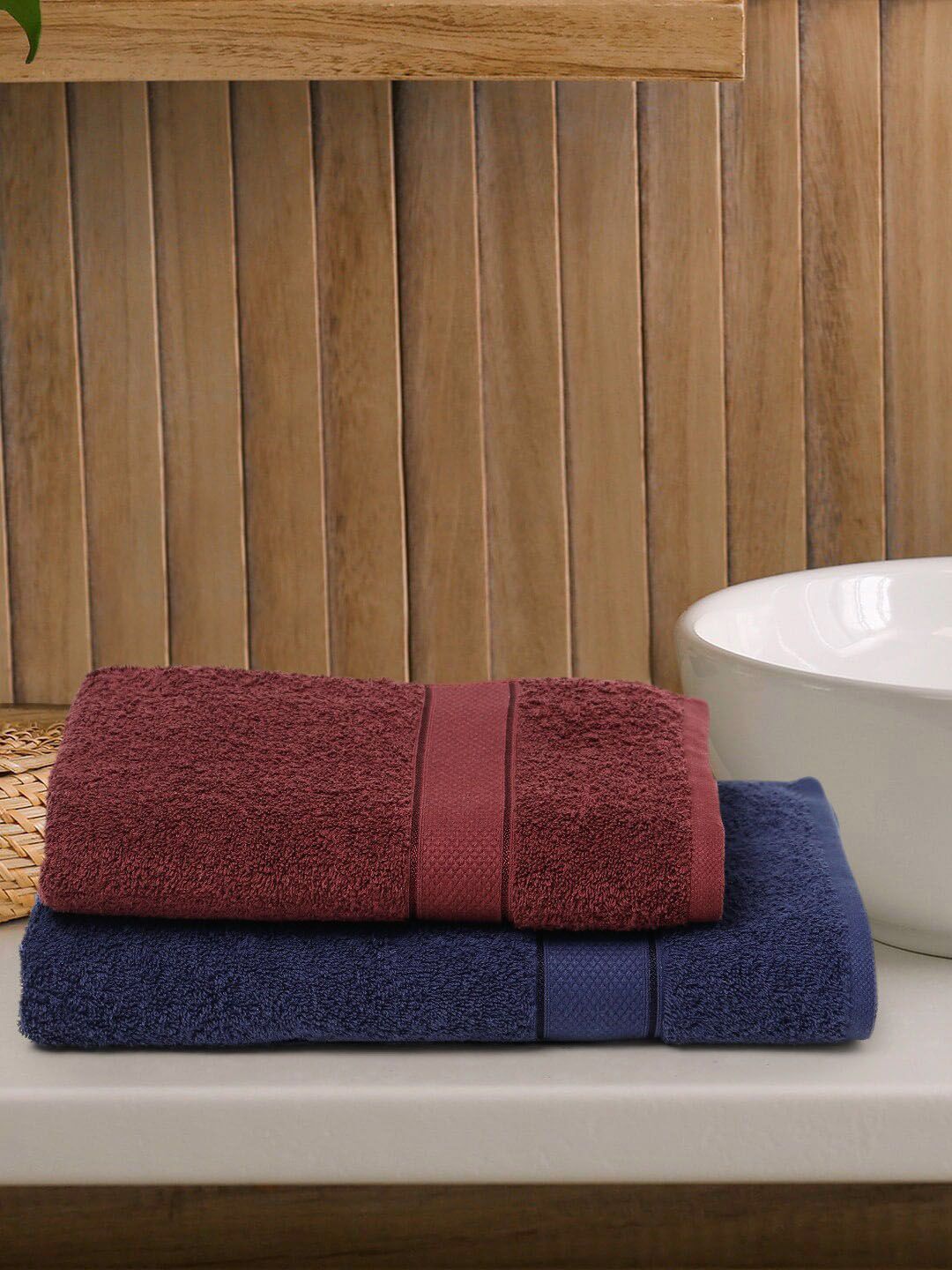 Creeva Unisex Burgundy & Navy Blue Set Of 2 Solid 525 GSM Bath Towels Price in India