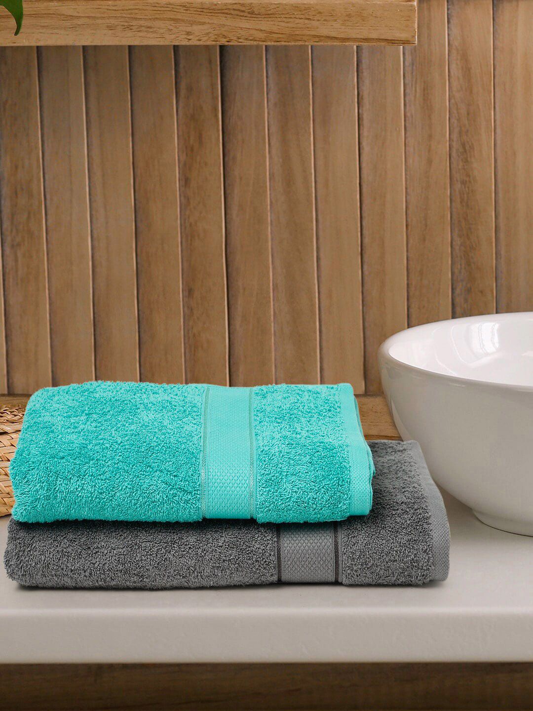 Creeva Grey & Sea Green 2 Pc Solid 525 GSM Bath Towel Set Price in India