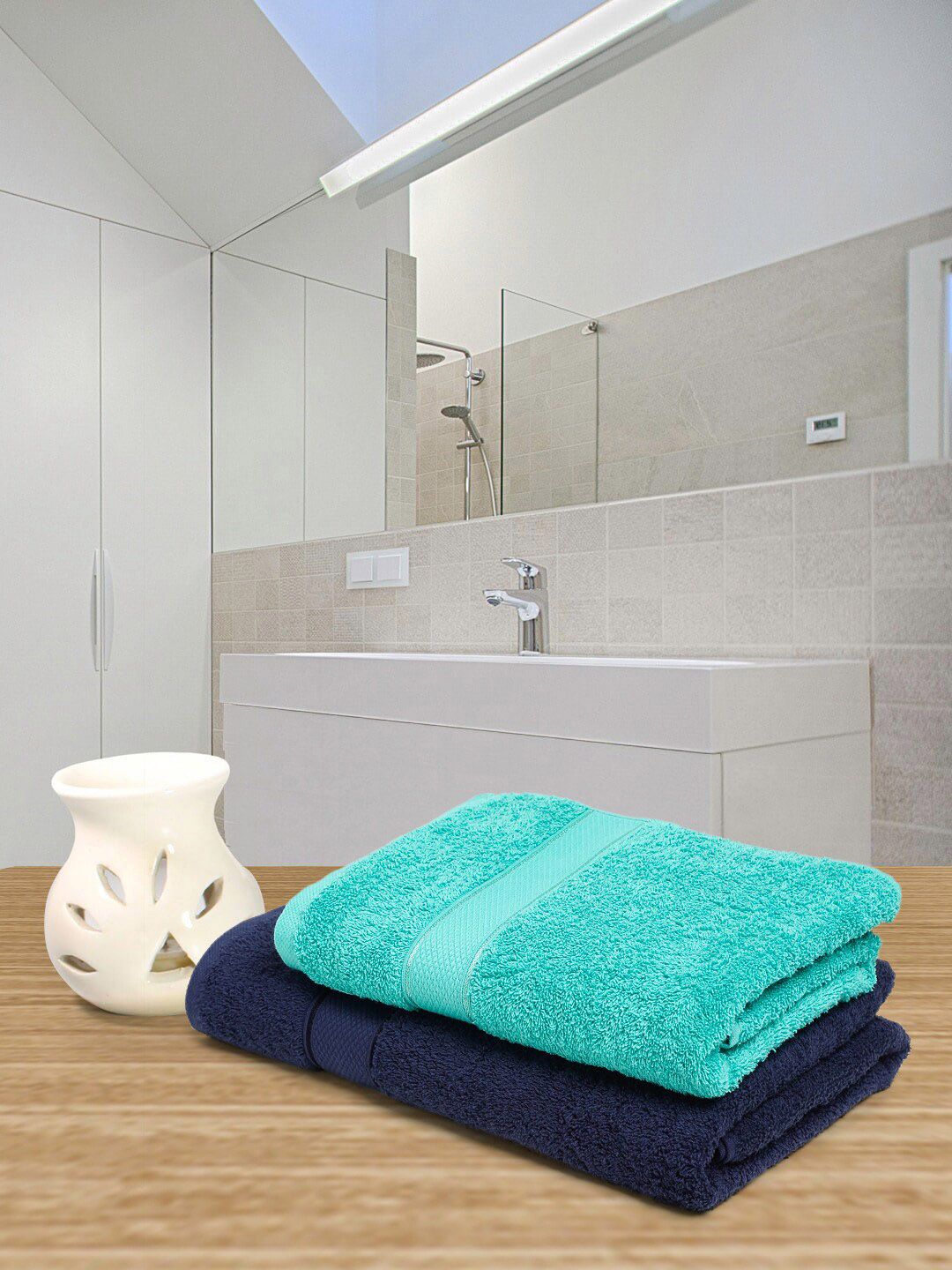 Creeva Unisex Navy Blue & Sea Green Pack of 2 Couple Bath Set Towel Price in India