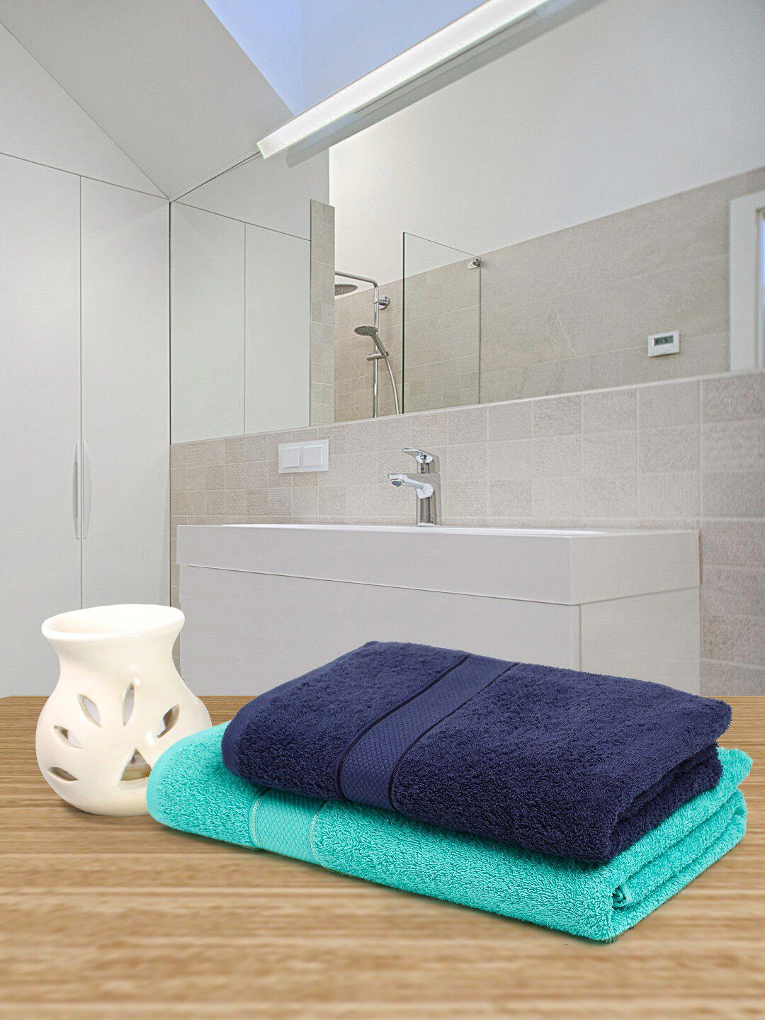 Creeva Unisex Sea Green & Navy Blue Pack of 2 Couple Bath Set Towel Price in India