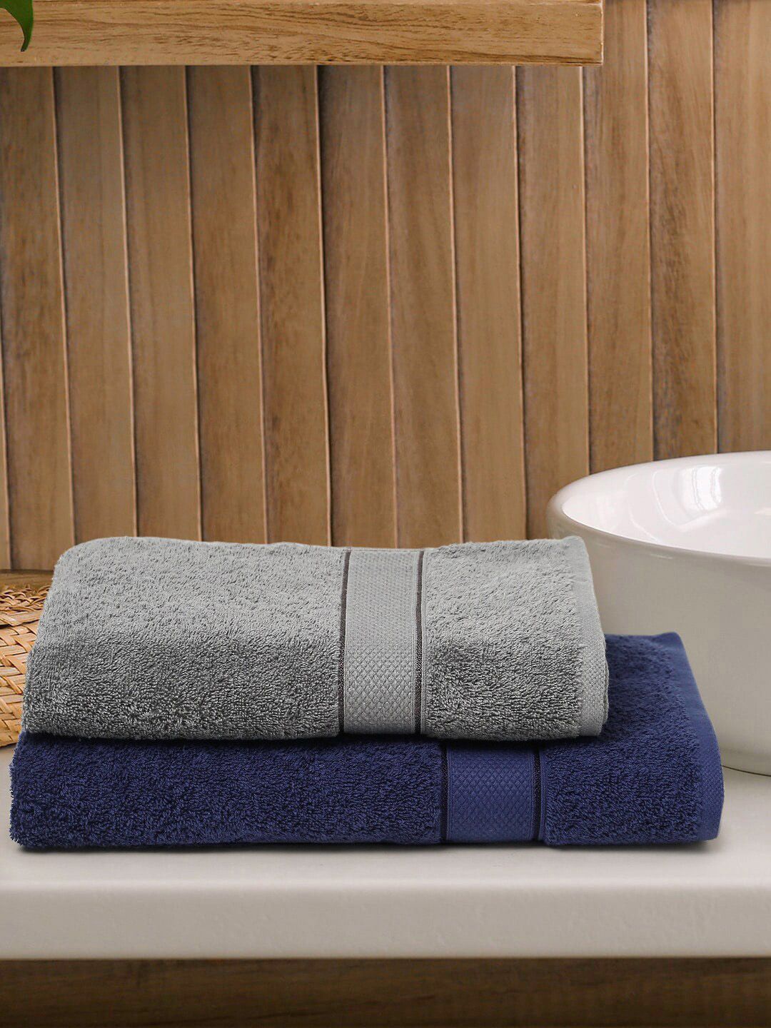 Creeva Unisex Navy Blue & Grey Pack of 2 Couple Bath Set Towel Price in India
