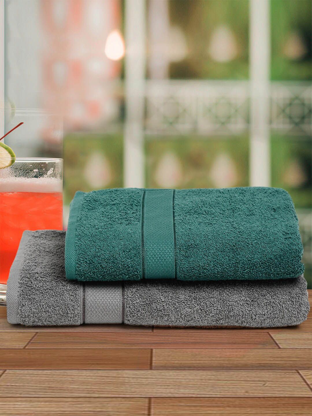 Creeva Unisex Grey & Green Pack of 2 Couple Bath Set Towel Price in India