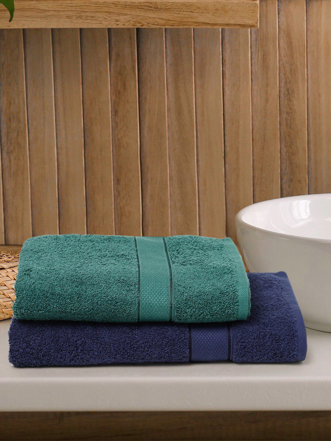 Creeva Green & Navy Blue 2 Pc Solid 525 GSM Bath Towel Set Price in India
