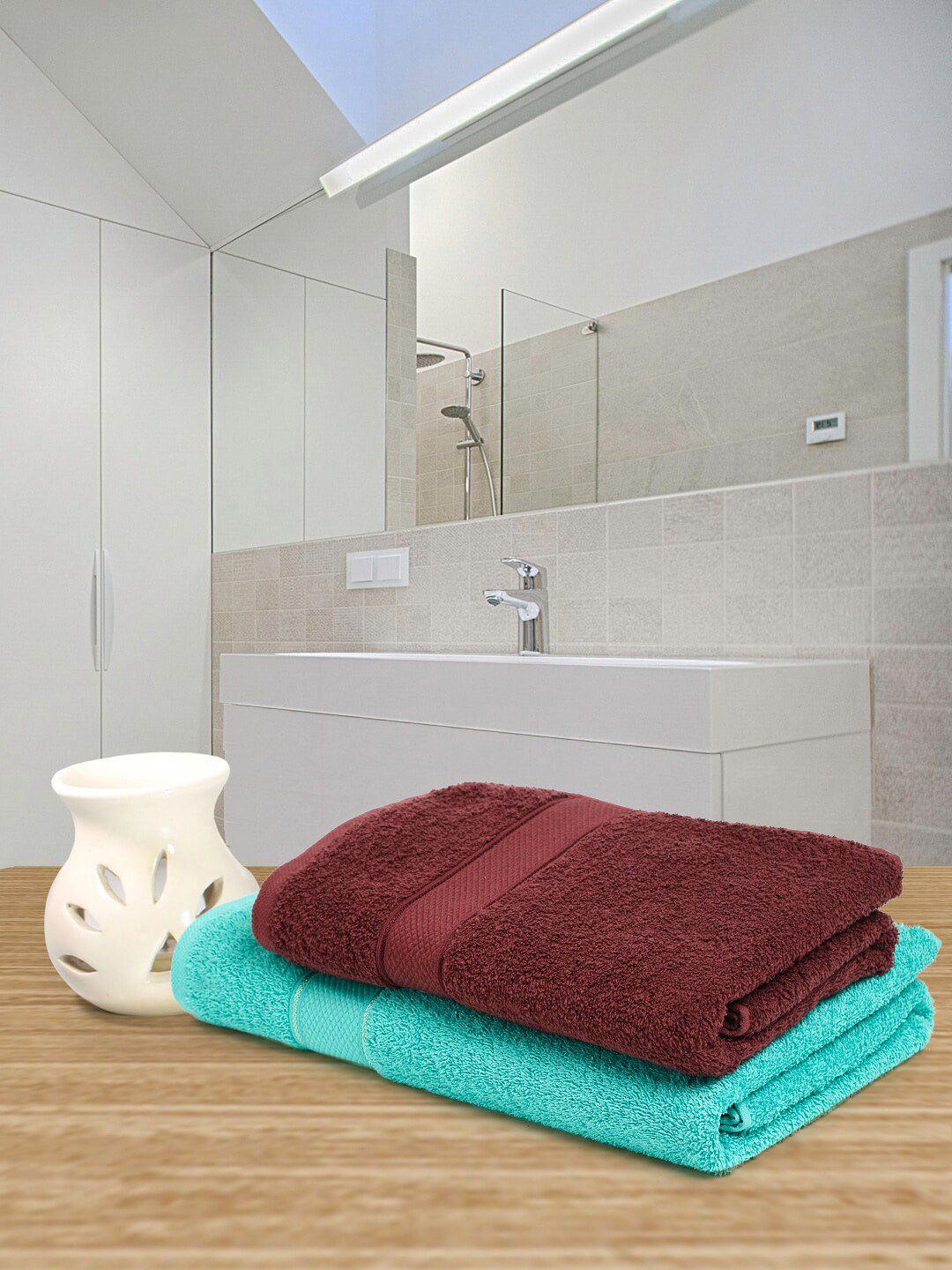 Creeva Unisex Sea Green & Burgundy Pack of 2 Couple Bath Set Towel Price in India