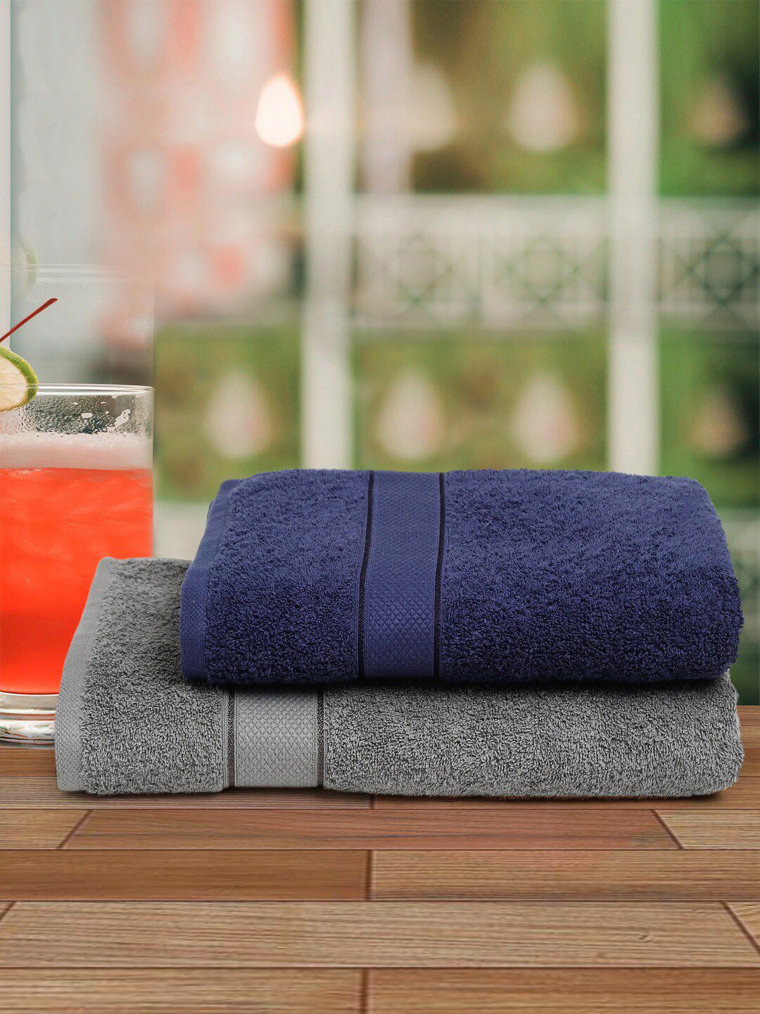 Creeva Unisex Grey & Navy Blue Set Of 2 Solid 525 GSM Bath Towels Price in India