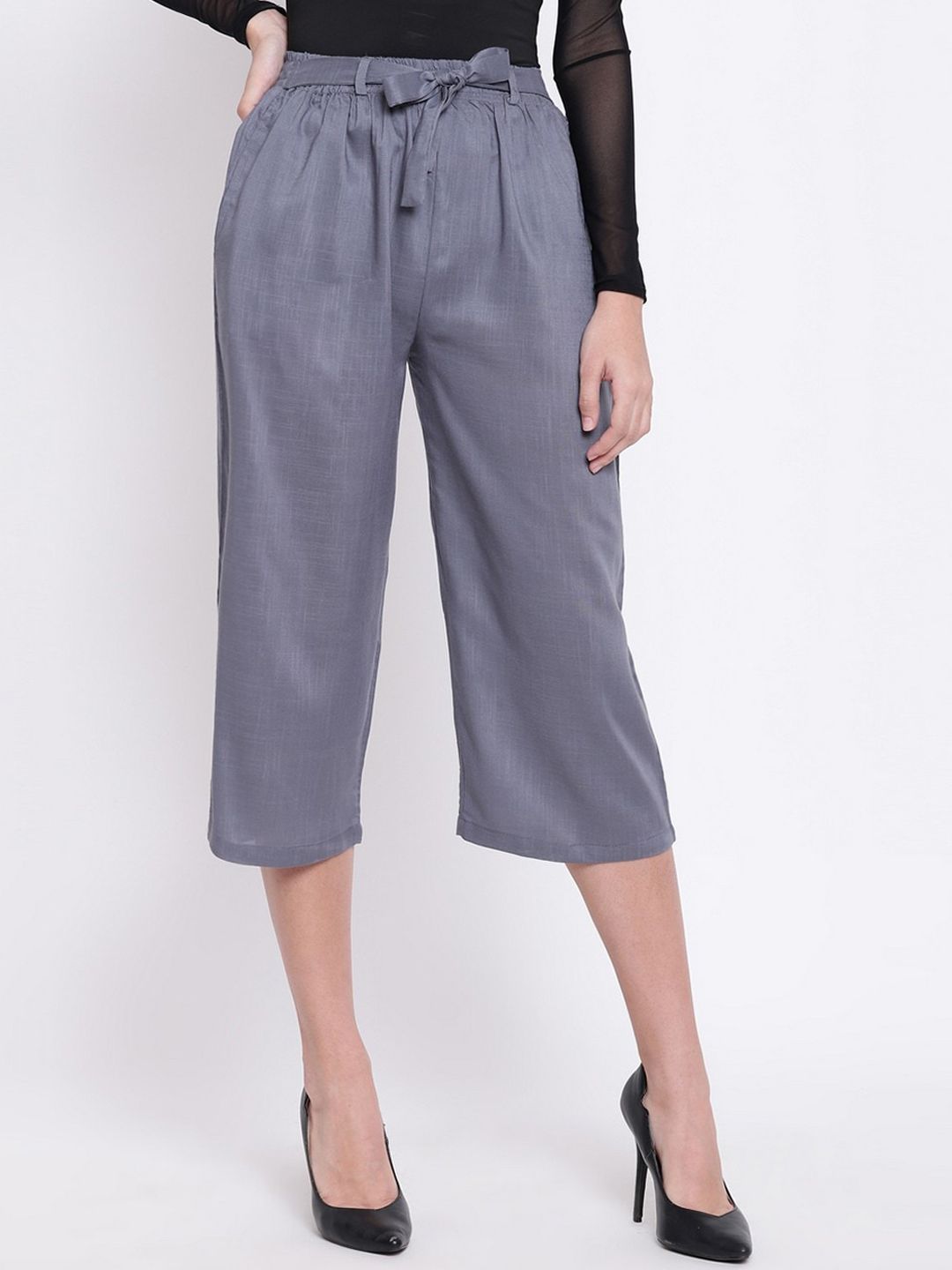 RIVI Women Grey Loose Fit Pleated Culottes Trousers Price in India